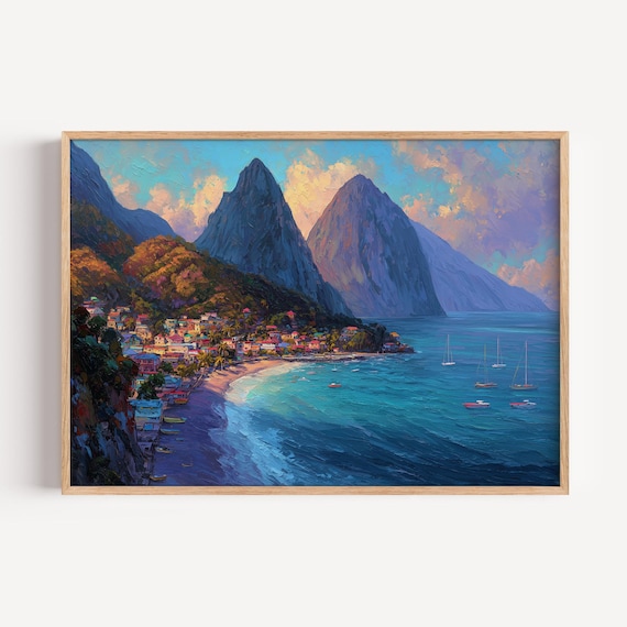 Saint Lucia Pitons Coastal Town Sunset Glow Oil Painting Poster