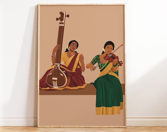 Indian Sisters Playing Violin And Tanpura Art Desi Art South Indian Art South Asian Musical Instrument Tamil Girl Gift For Musician