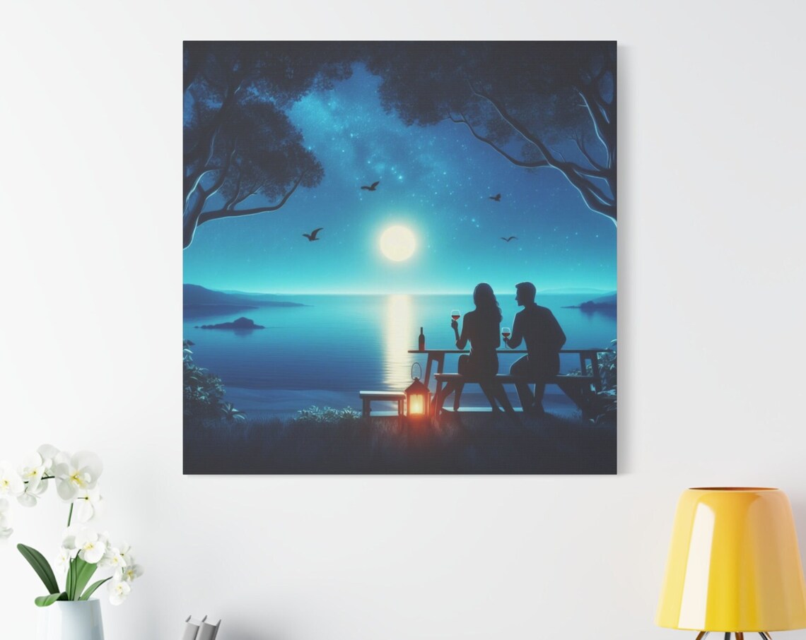 Romantic Couple Moonlit Sea Starry Night Seascape Night Poster