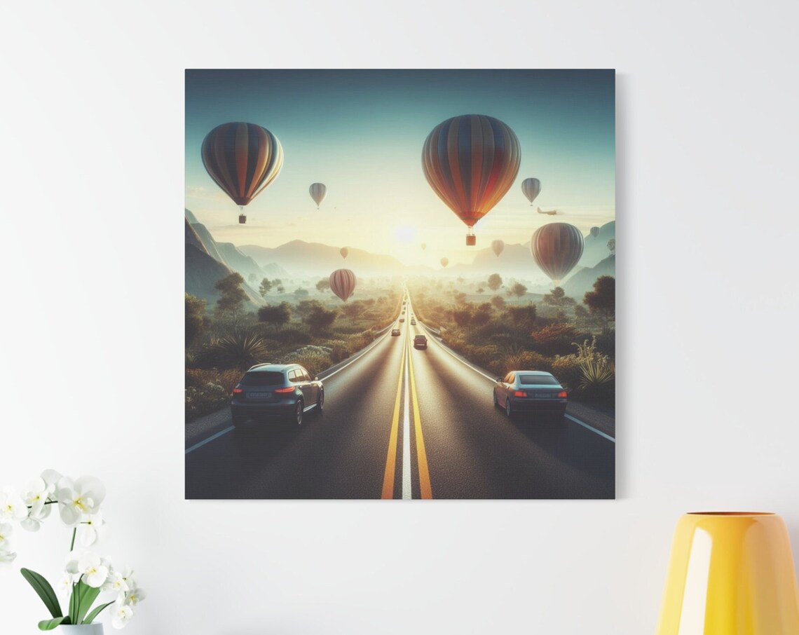 Sunrise Highway Hot Air Balloons Road Trip Adventure Golden Sky Poster