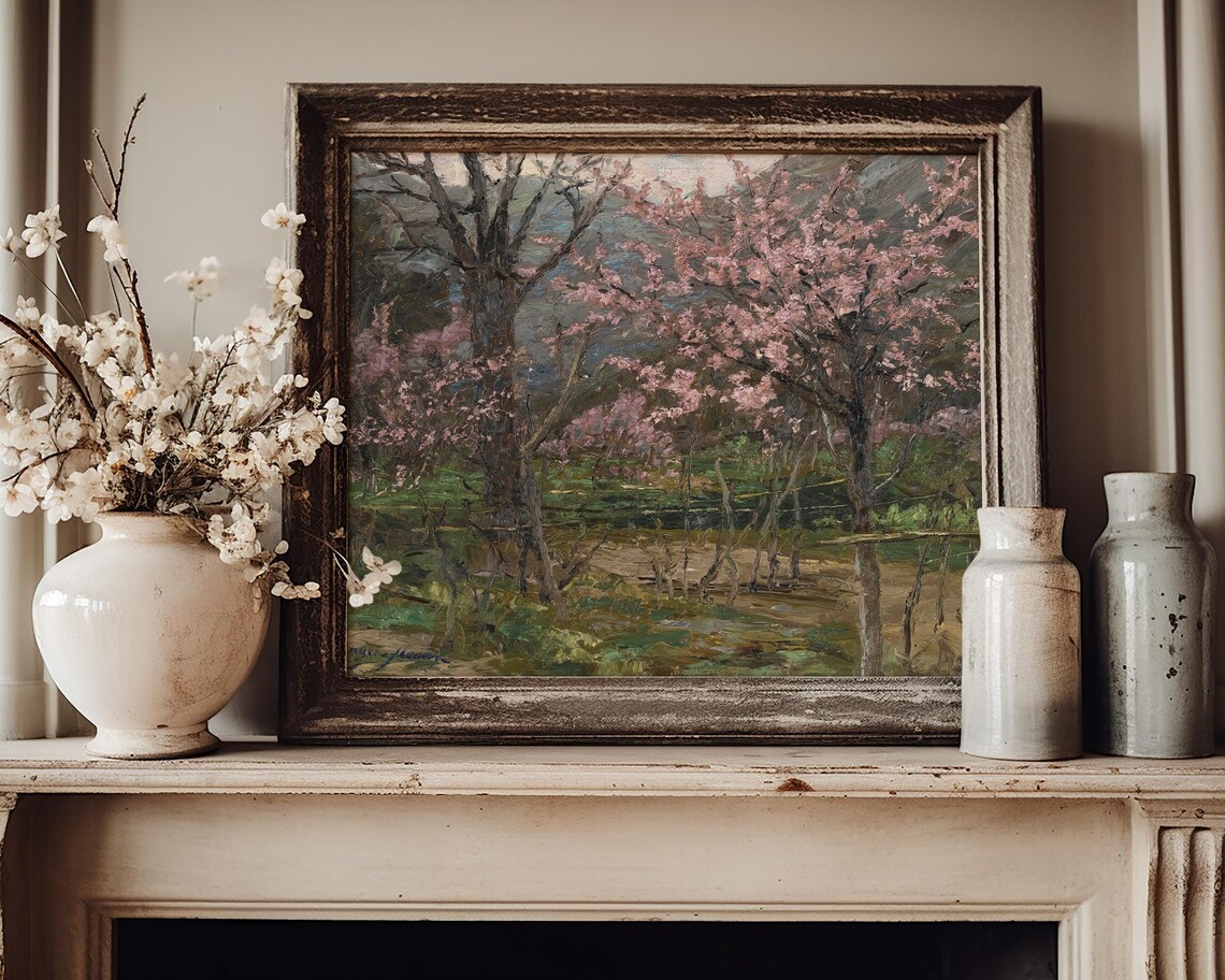 Pink Cherry Blossom Trees Spring Grove Vintage Oil Painting Poster - Image 3
