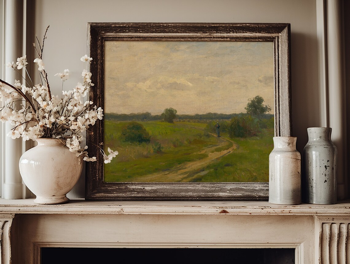 Winding Country Road Lone Walker Green Fields Vintage Art Poster - Image 2