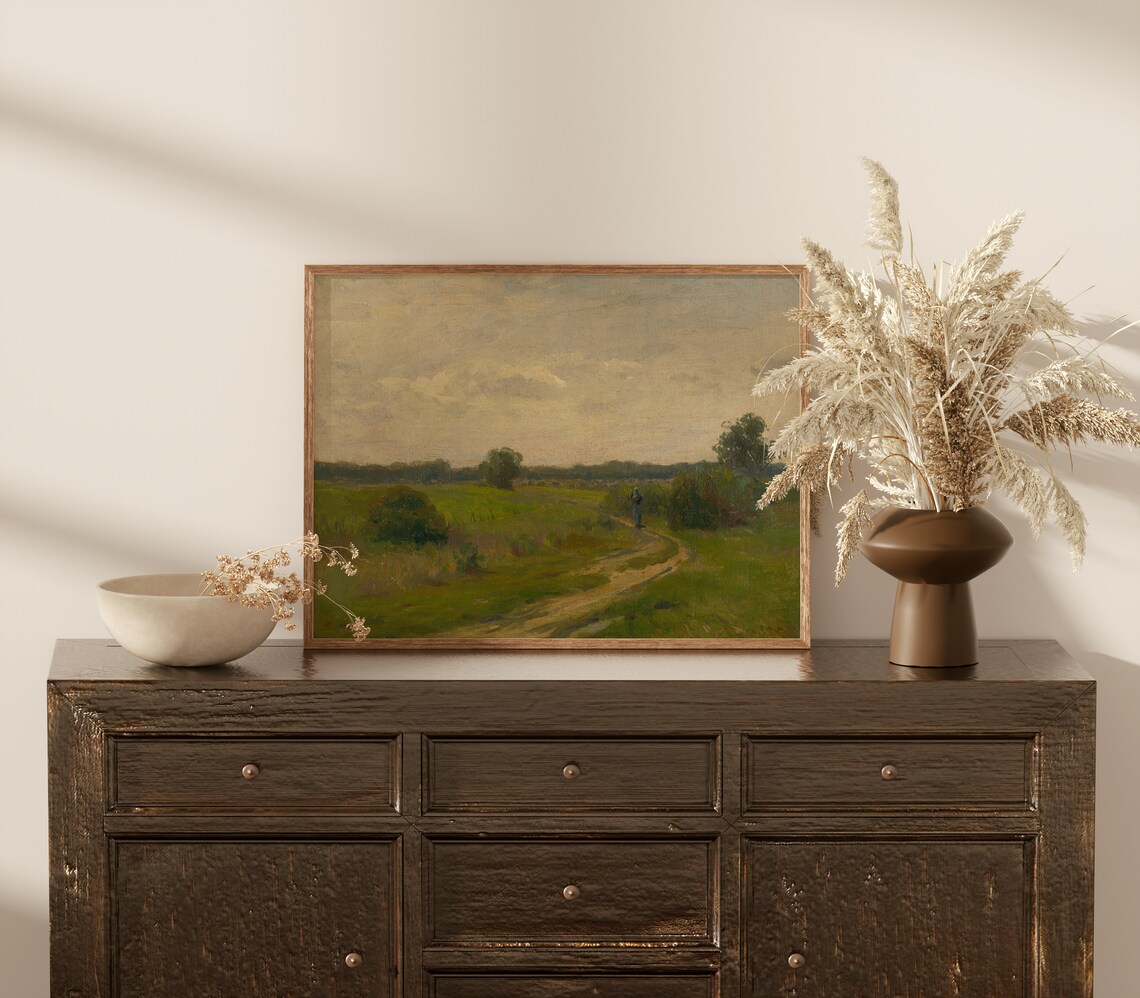 Winding Country Road Lone Walker Green Fields Vintage Art Poster - Image 3
