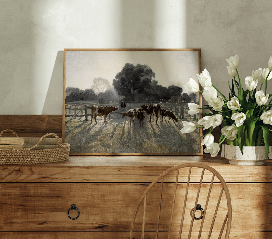 Cows in Morning Pasture Farm Fence Vintage Countryside Art Poster - Image 3