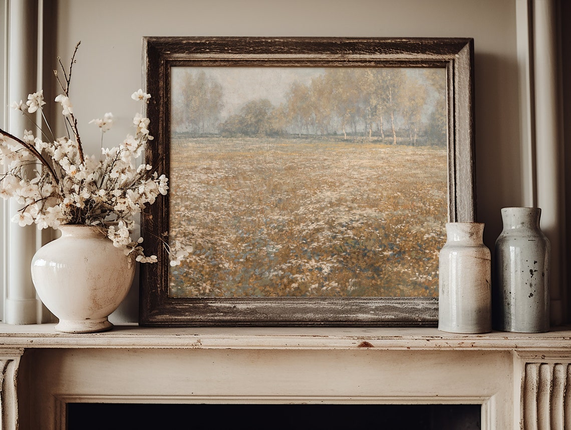 Spring Wildflower Meadow Birch Trees Misty Golden Vintage Art Print - Image 4