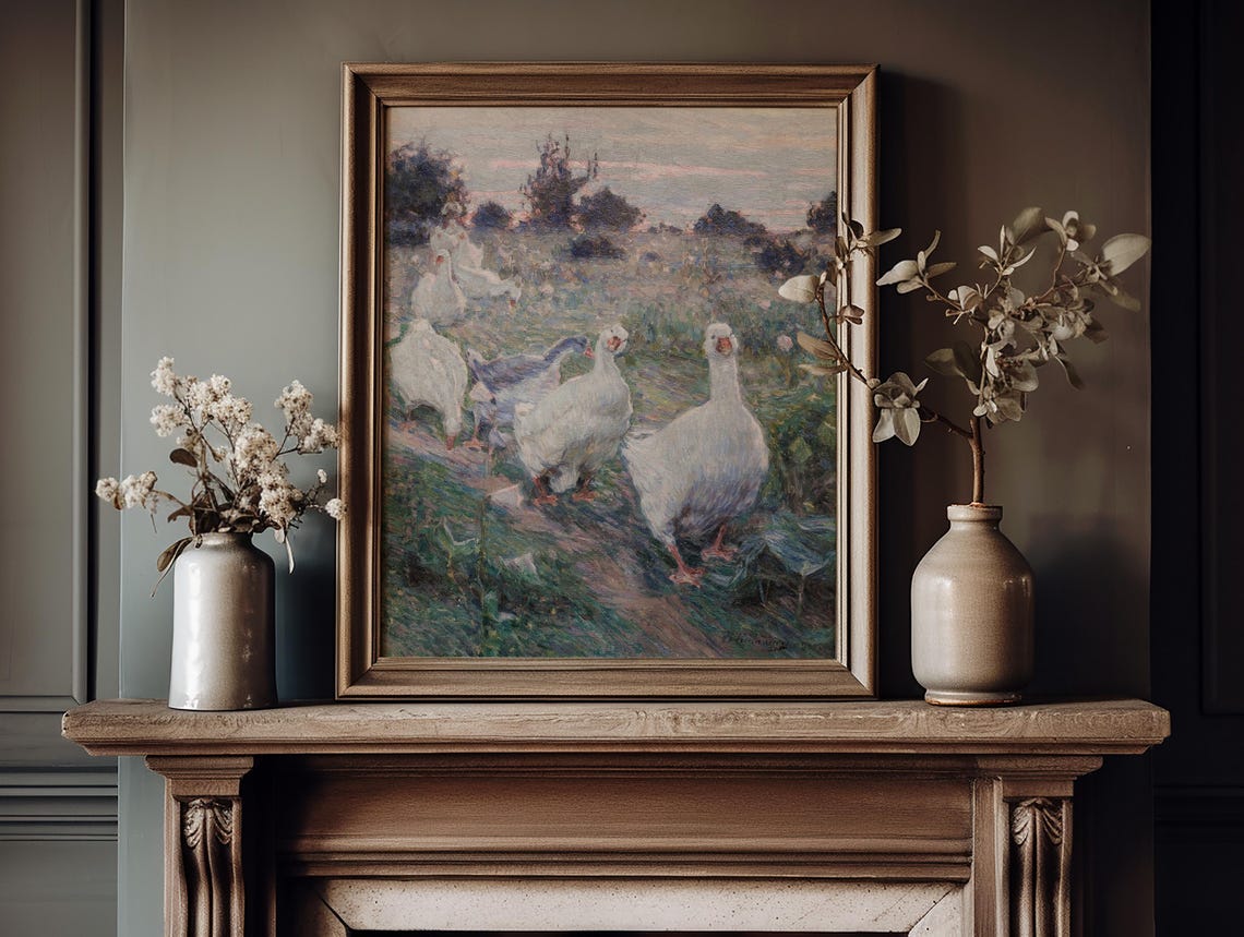 White Geese Meadow Path Vintage Impressionist Country Art Poster - Image 3