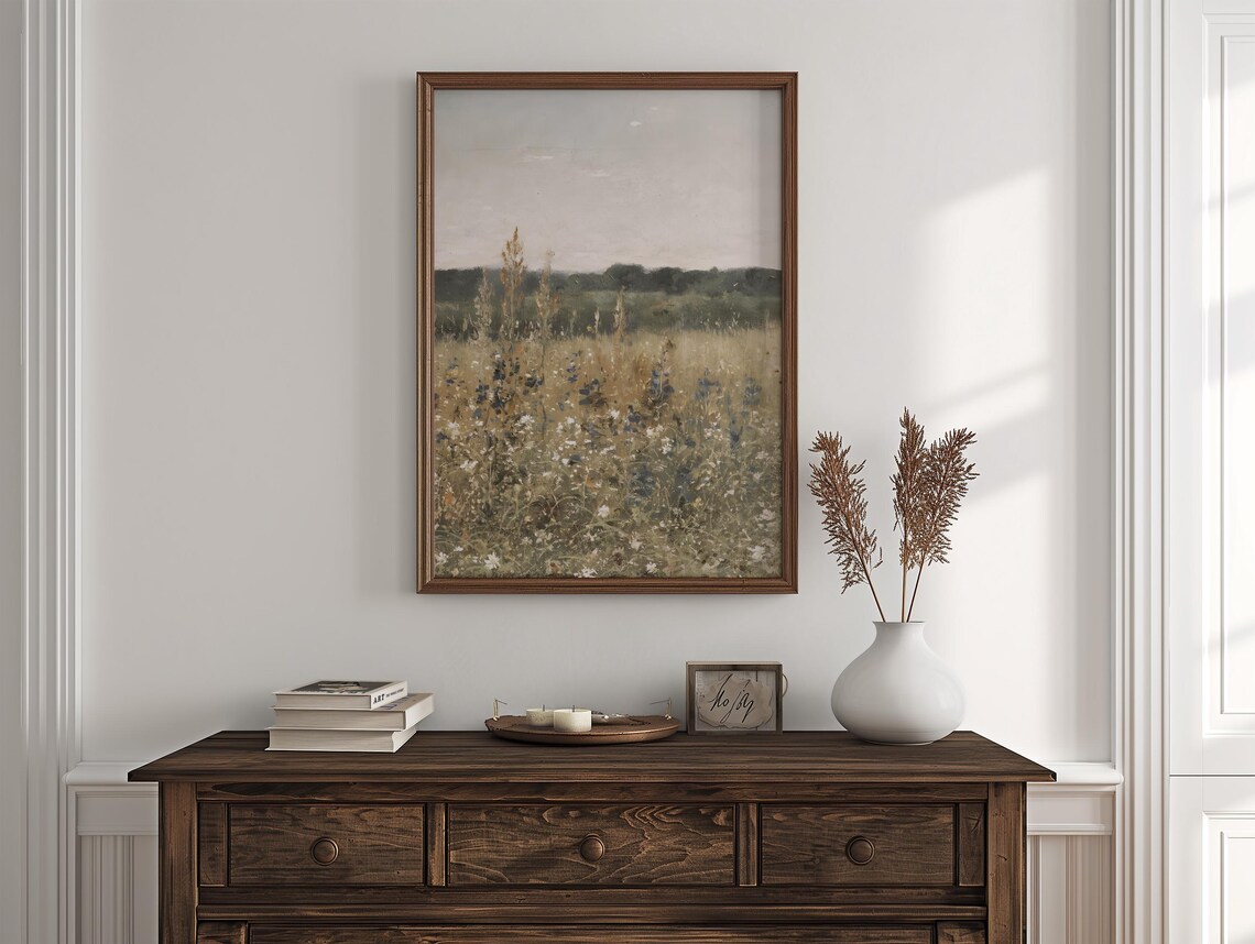 Tall Wildflower Meadow Golden Grasses Vintage Landscape Art Poster - Image 3