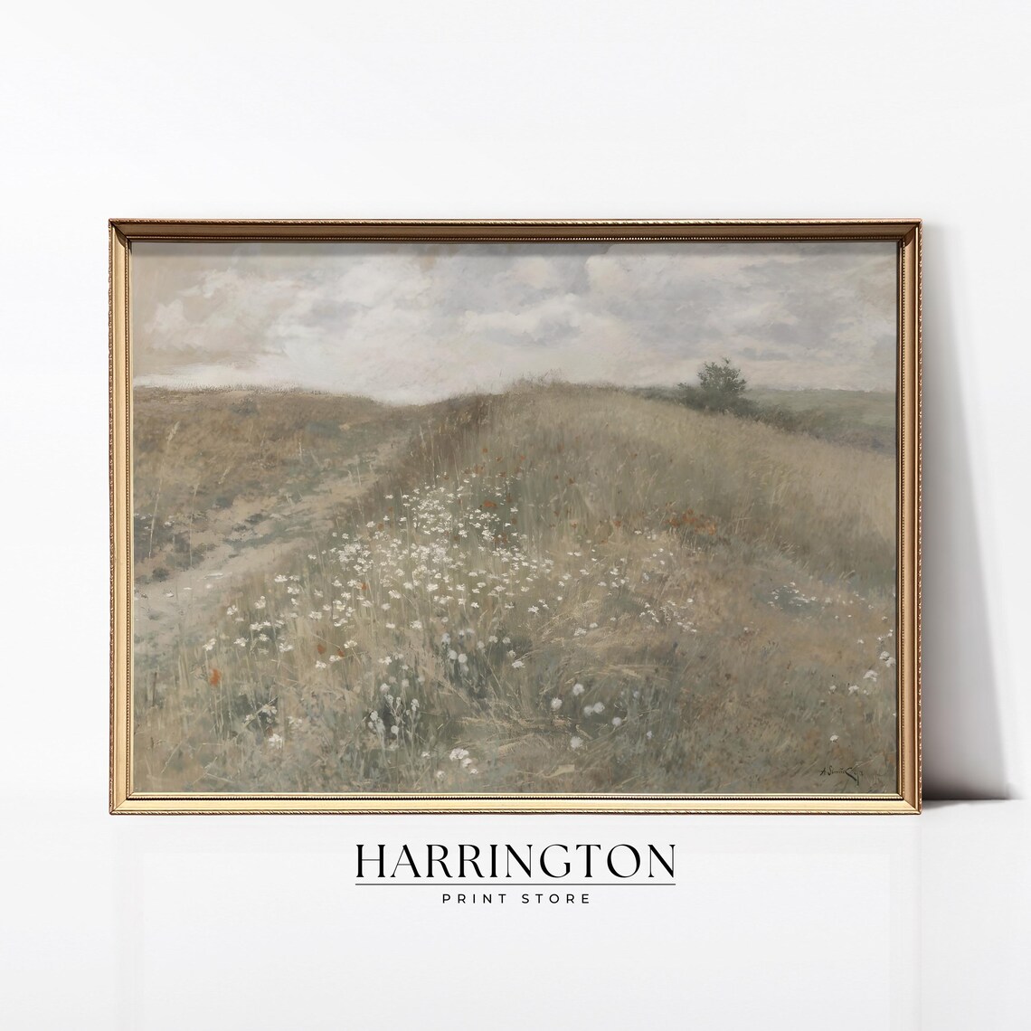 Moody Wildflower Meadow Daisies Muted Vintage Landscape Oil Poster