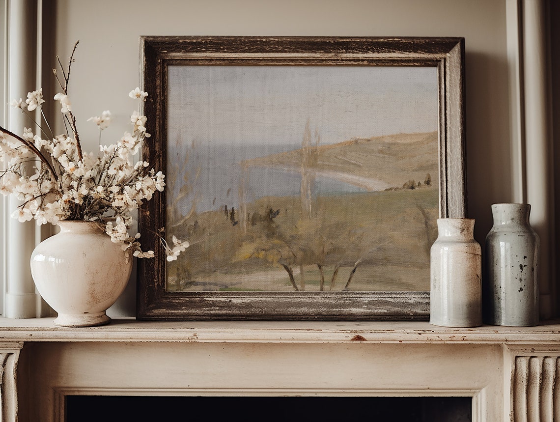 Hazy Lakeside Hills Poplar Trees Muted Vintage Landscape Art Poster - Image 4