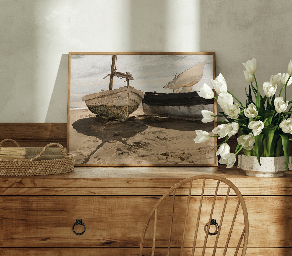 Vintage Wooden Fishing Boats Beached Sand Muted Coastal Art Print - Image 2