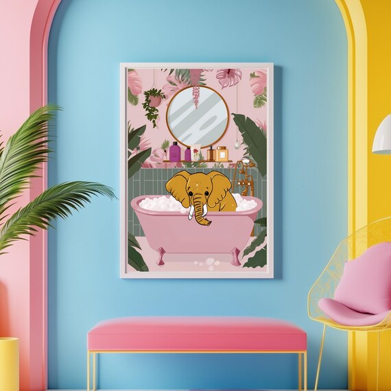 Elephant In Pink Bathtub Funny Bathroom Animal Illustration Poster