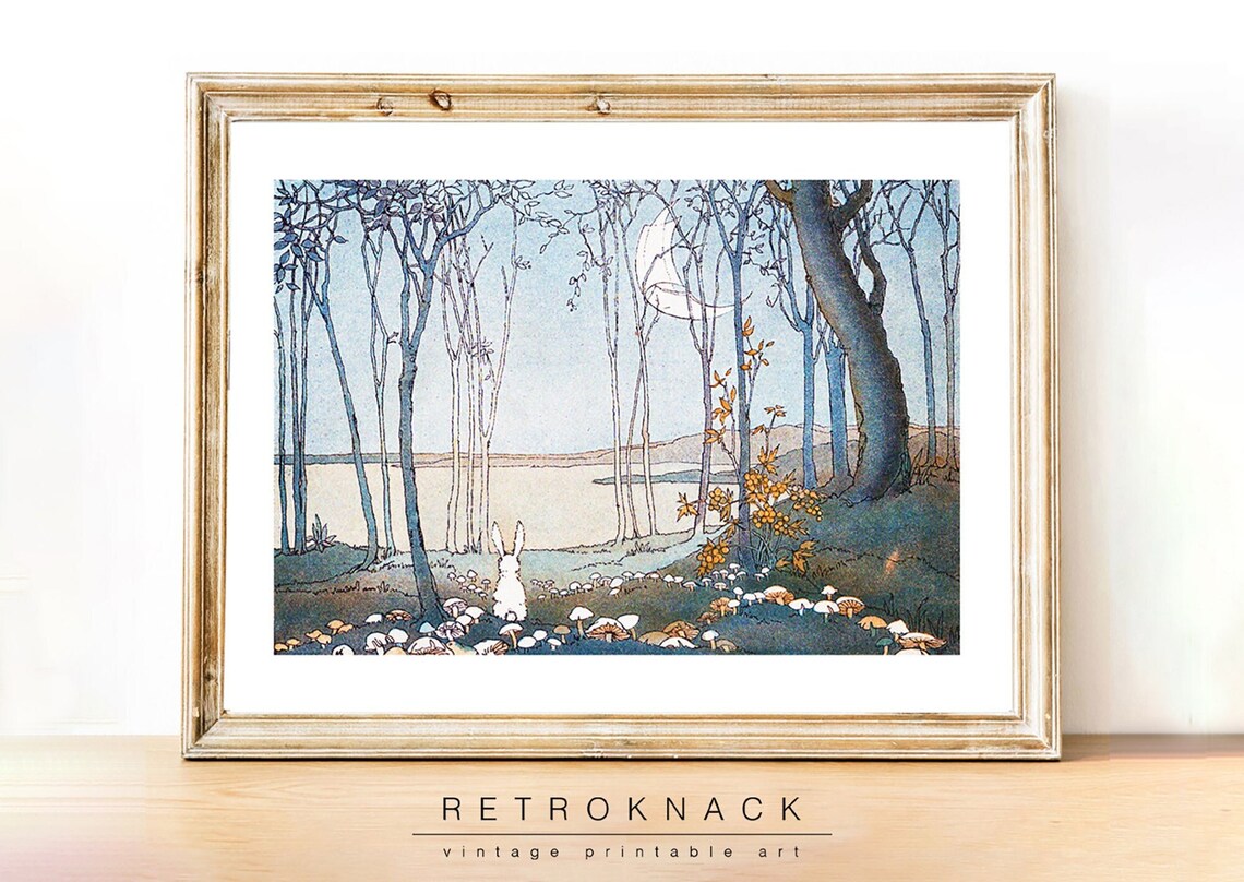 White Bunny Gazing at Crescent Moon in Mushroom Forest Night Nursery Print