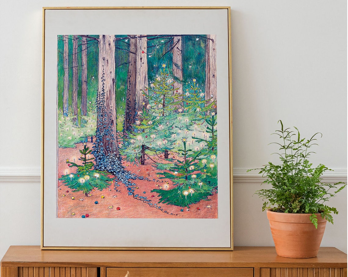 Enchanted Candlelit Christmas Trees in Snowy Pine Forest Vintage Print - Image 2