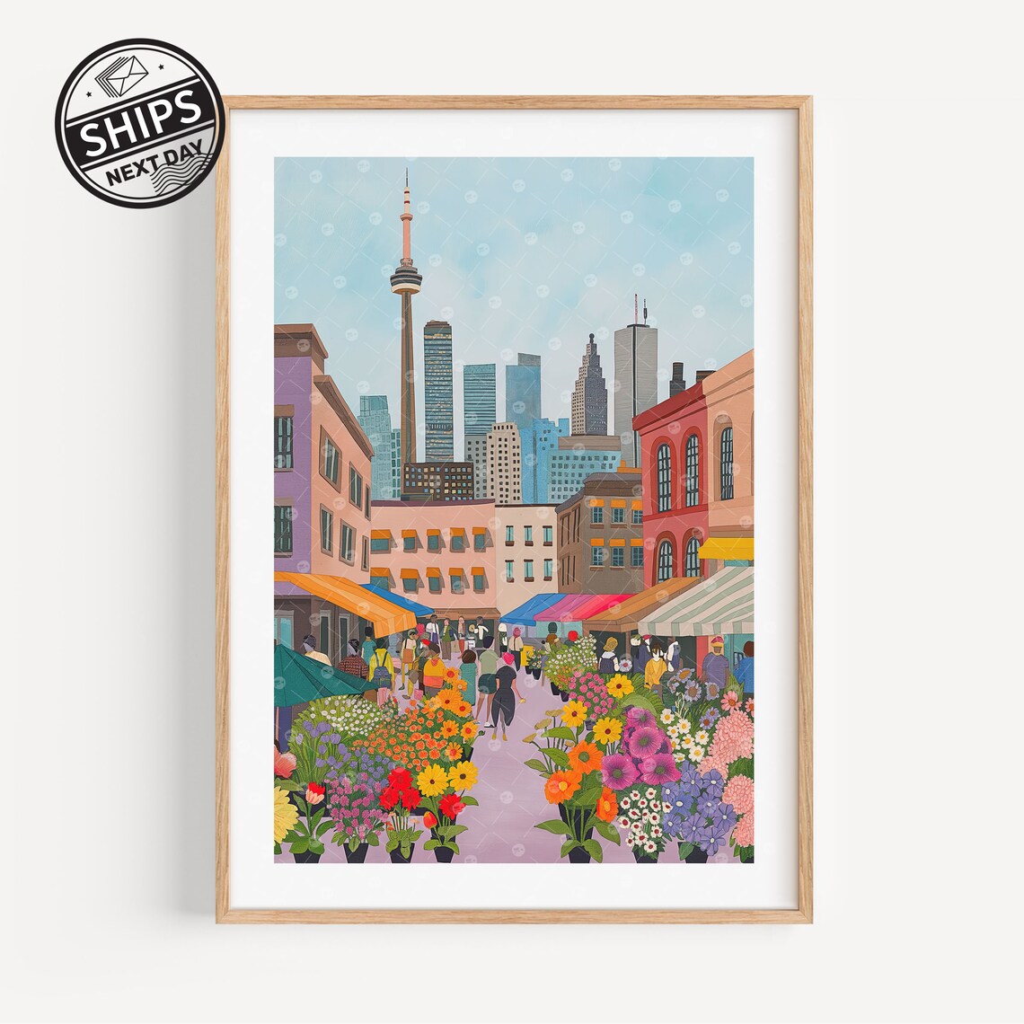 Toronto Flower Market CN Tower Street Scene Watercolor Poster