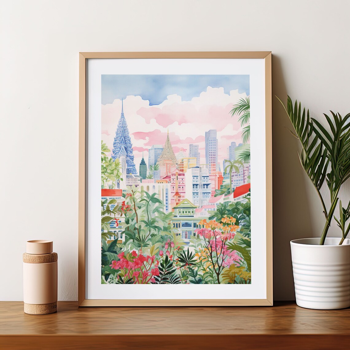Bangkok Thailand Pastel Temple Skyline Watercolor Travel Print