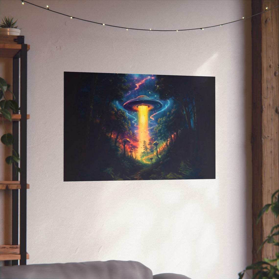UFO Golden Light Column Over Mushroom Forest Night Sky Poster - Image 2