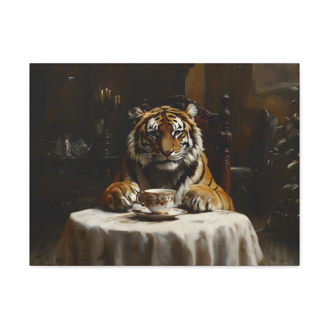 Tiger Tea Time Dark Victorian Table Oil Painting Animal Art Poster - Image 3
