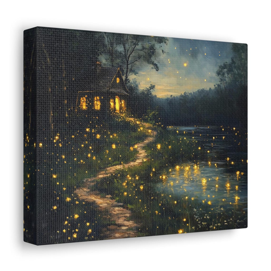 Fireflies Dancing at the Cabin Lakeside Night Landscape Art Print - Image 2