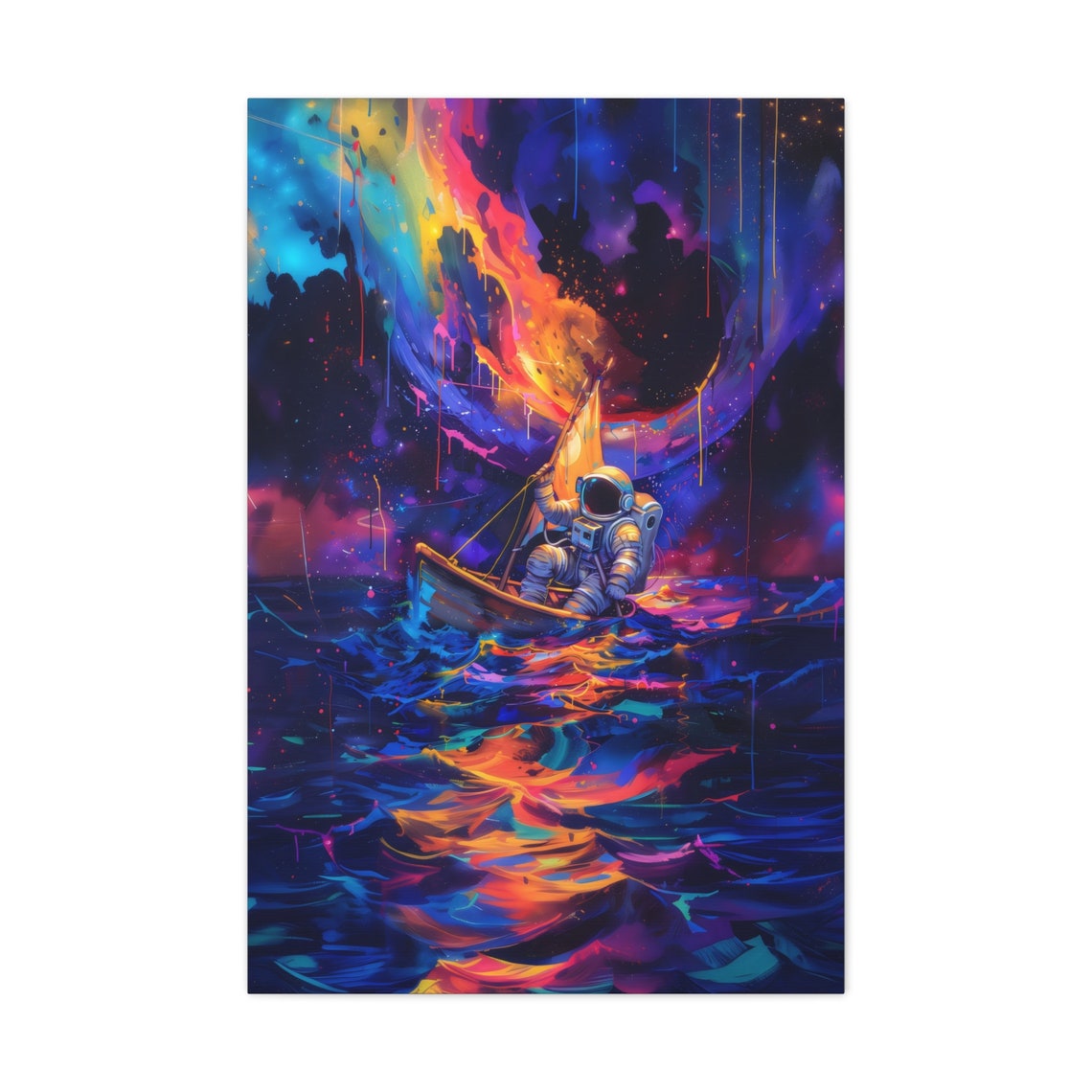 Astronaut Sailing Through Neon Cosmic Nebula Watercolor Space Wall Art - Image 3