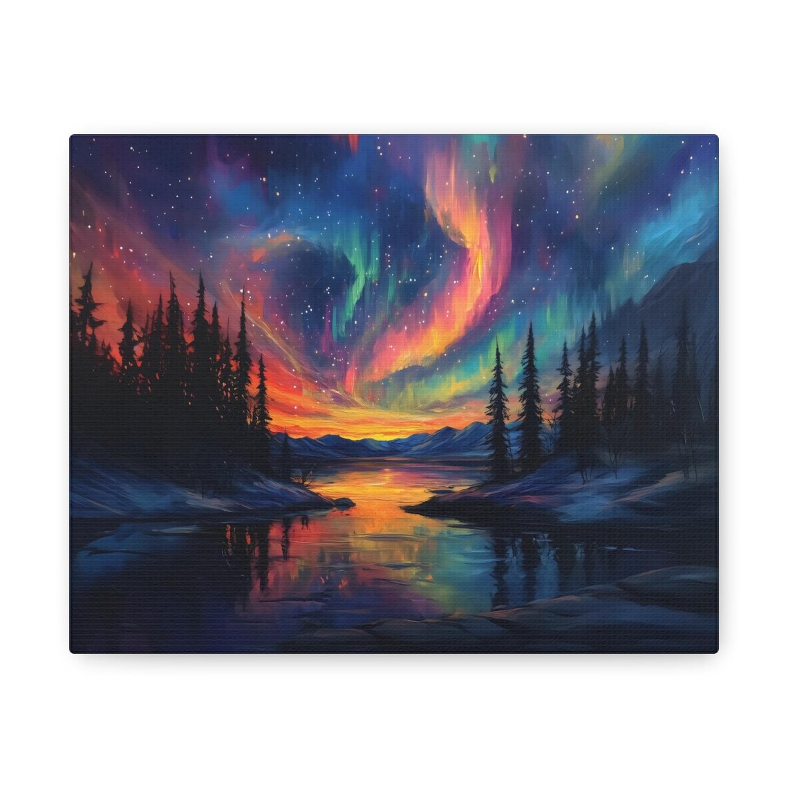 Northern Lights Rainbow Aurora Above Snowy Lake Landscape Print - Image 3