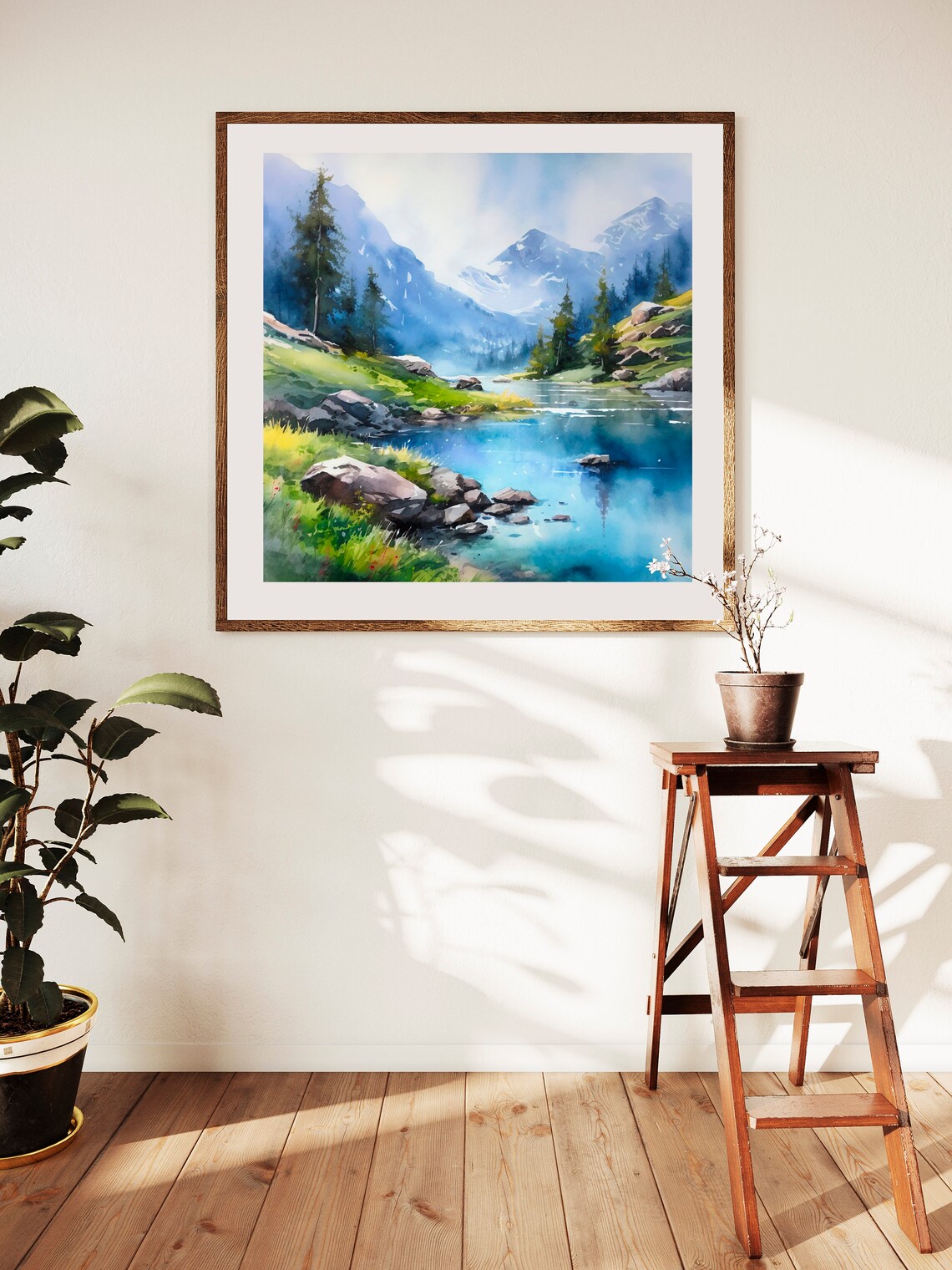 Blue Alpine Lake Watercolor with Snowy Peaks and Meadow Poster - Image 5