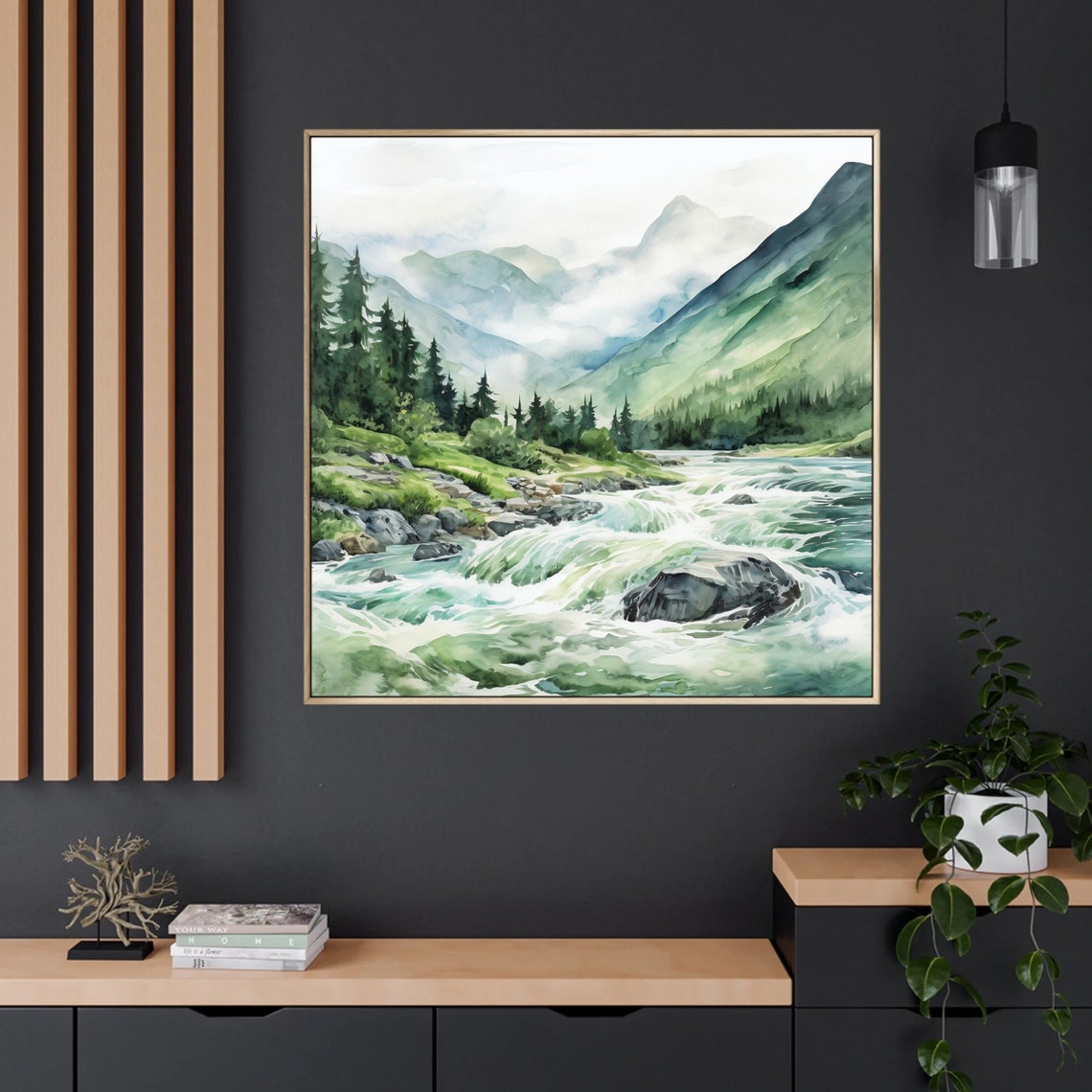 Green Mountain Valley Rushing River Rapids Watercolor Wall Art - Image 4