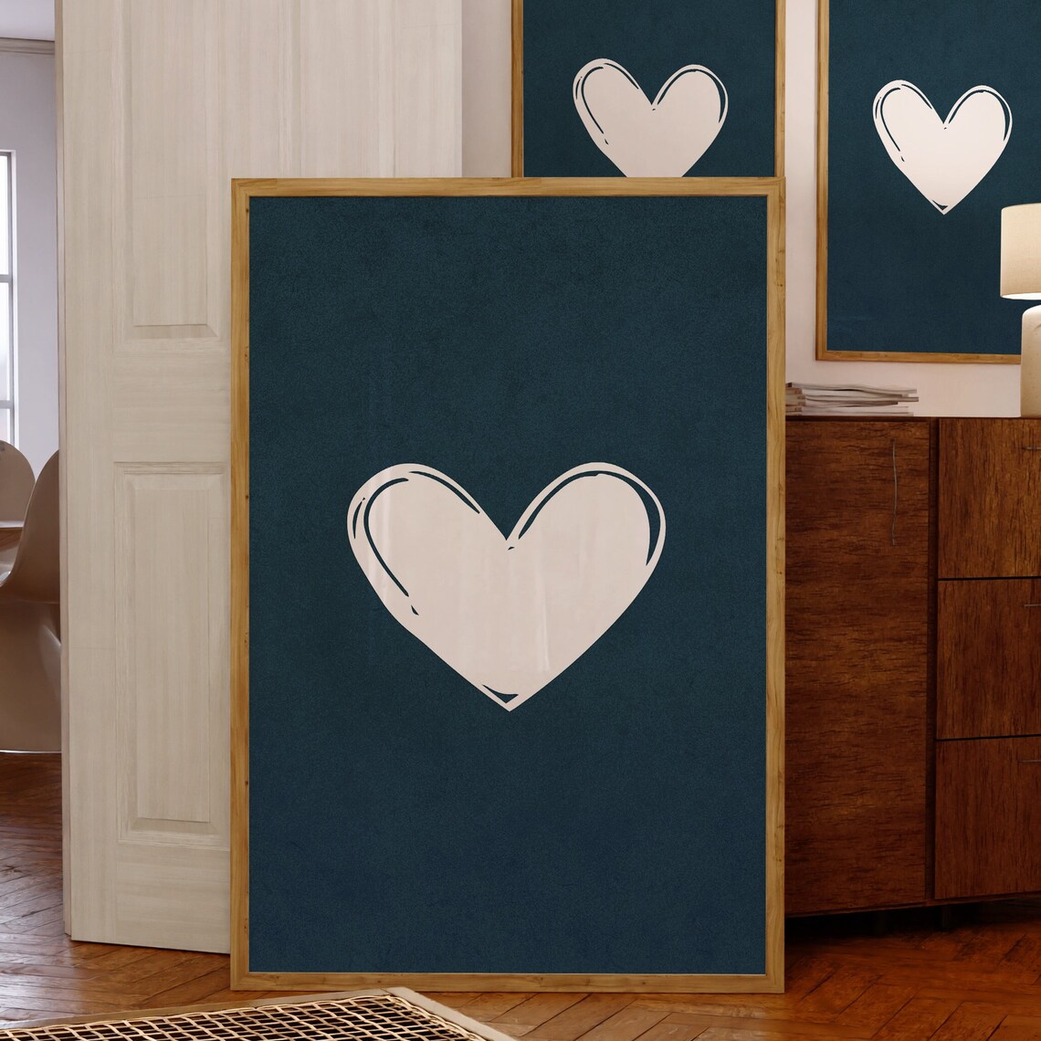 Minimalist White Heart on Navy Blue Modern Abstract Wall Art
