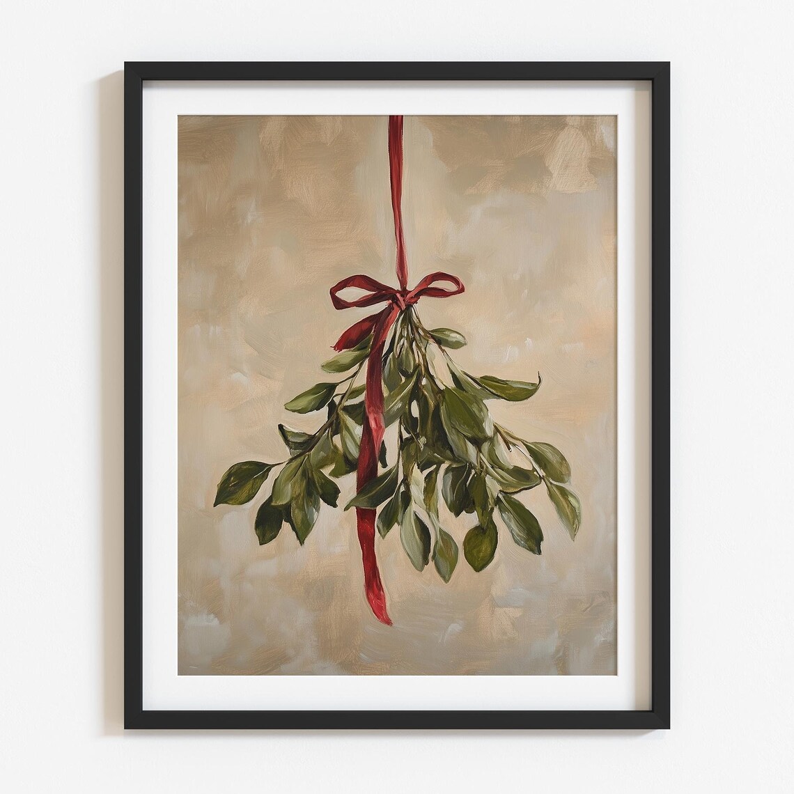 Mistletoe Red Bow Holiday Botanical Vintage Christmas Wall Art