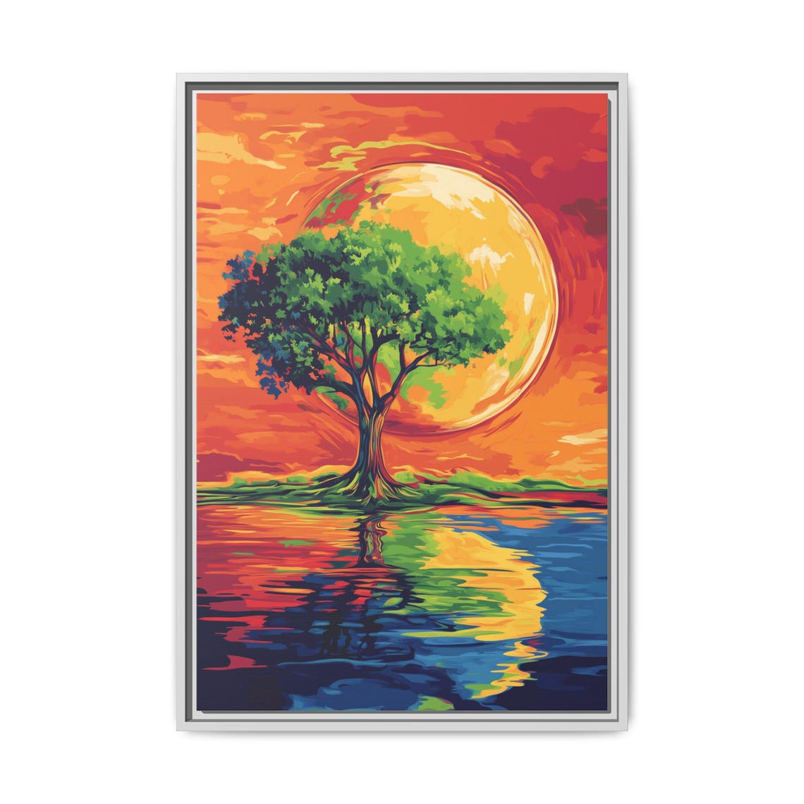 Lone Tree Before Giant Golden Sun Mirrored in Water Landscape Print