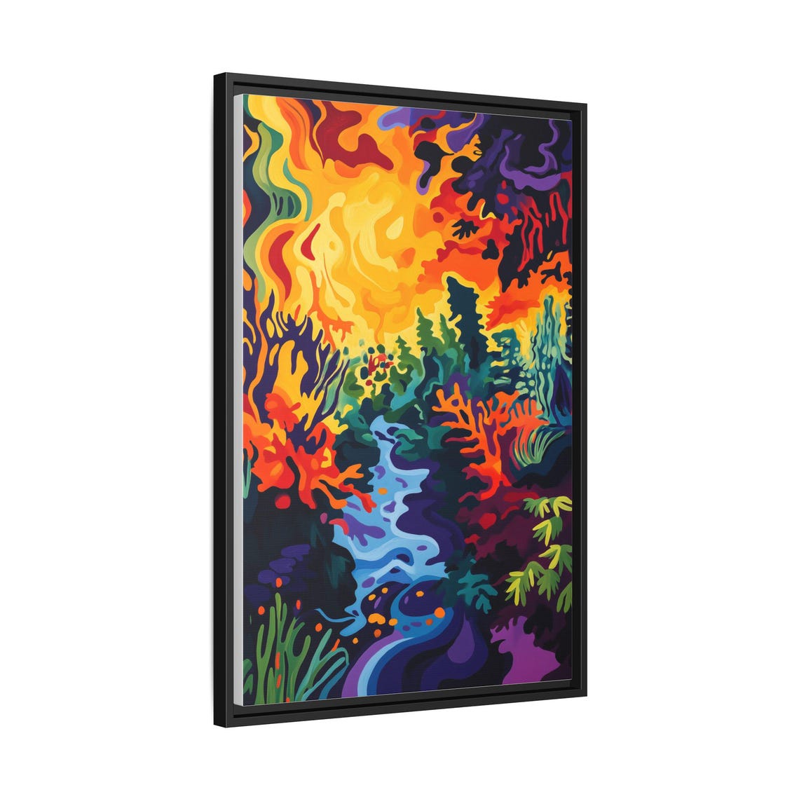 Psychedelic Forest Creek Blazing Orange Sky Abstract Nature Print - Image 3