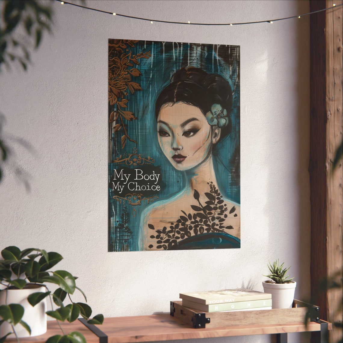 My Body My Choice Teal Gold Floral Woman Portrait Art Poster - Image 3