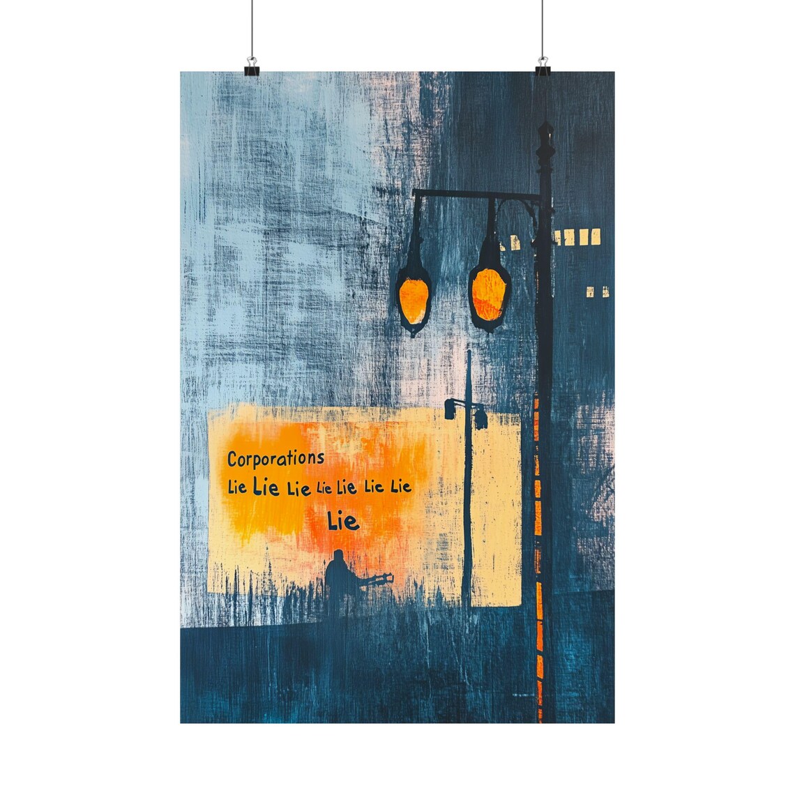 Corporations Lie Protest Art Night City Street Lamps Satire Art Poster