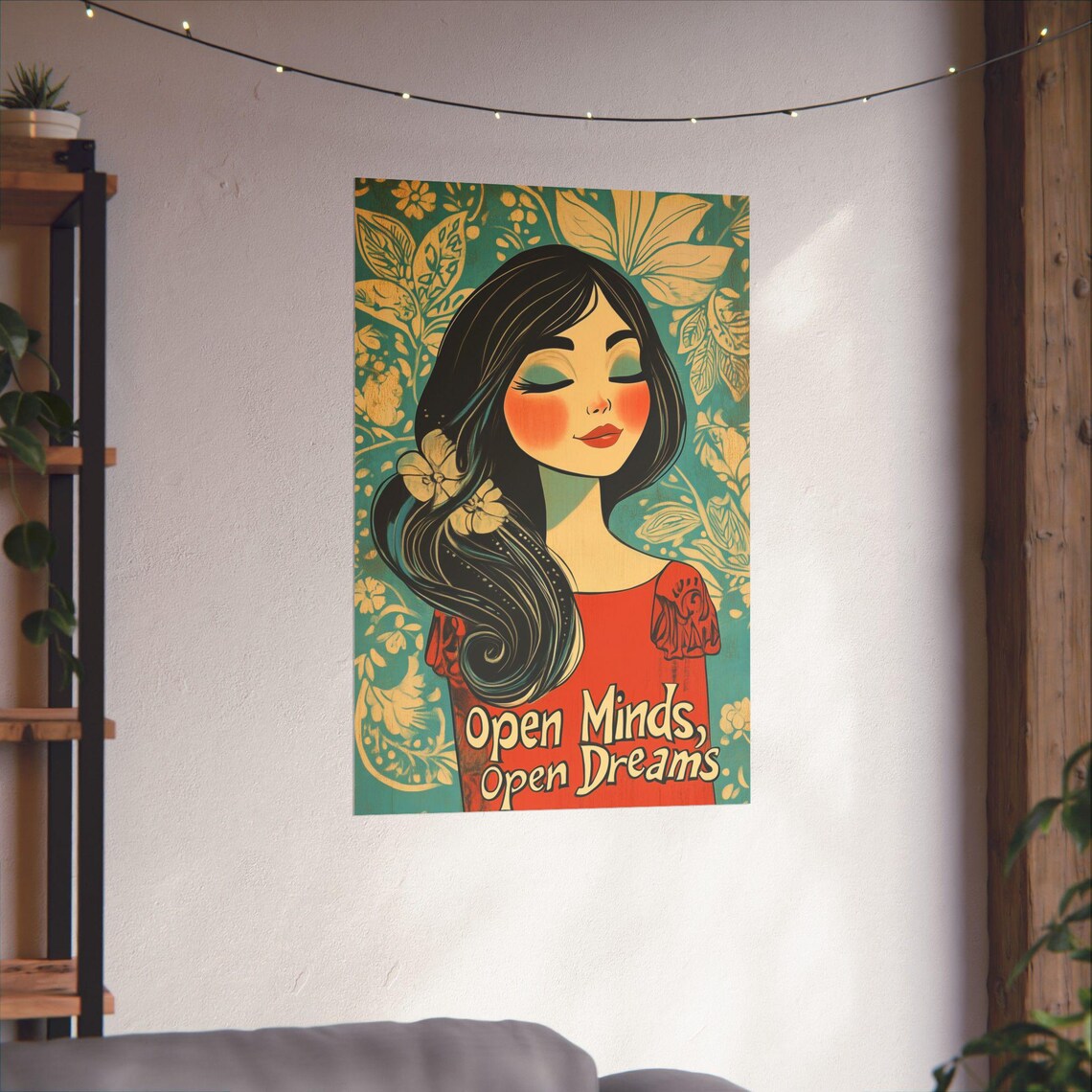 Open Minds Open Dreams Vintage Retro Girl Floral Quote Art Poster - Image 3