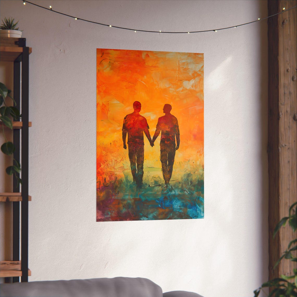 Two Men Holding Hands Sunset Painterly Love Tender Art Poster - Image 3