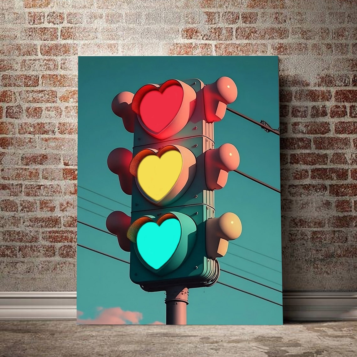 Retro Heart Traffic Light Teal Sky Pop Art Valentine Wall Poster