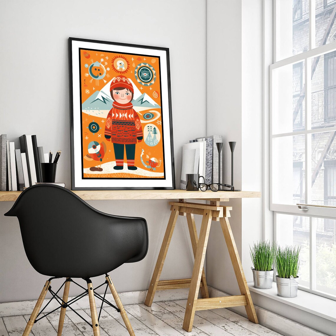 Norwegian Winter Child Folk Illustration Scandinavian Style Poster - Image 3