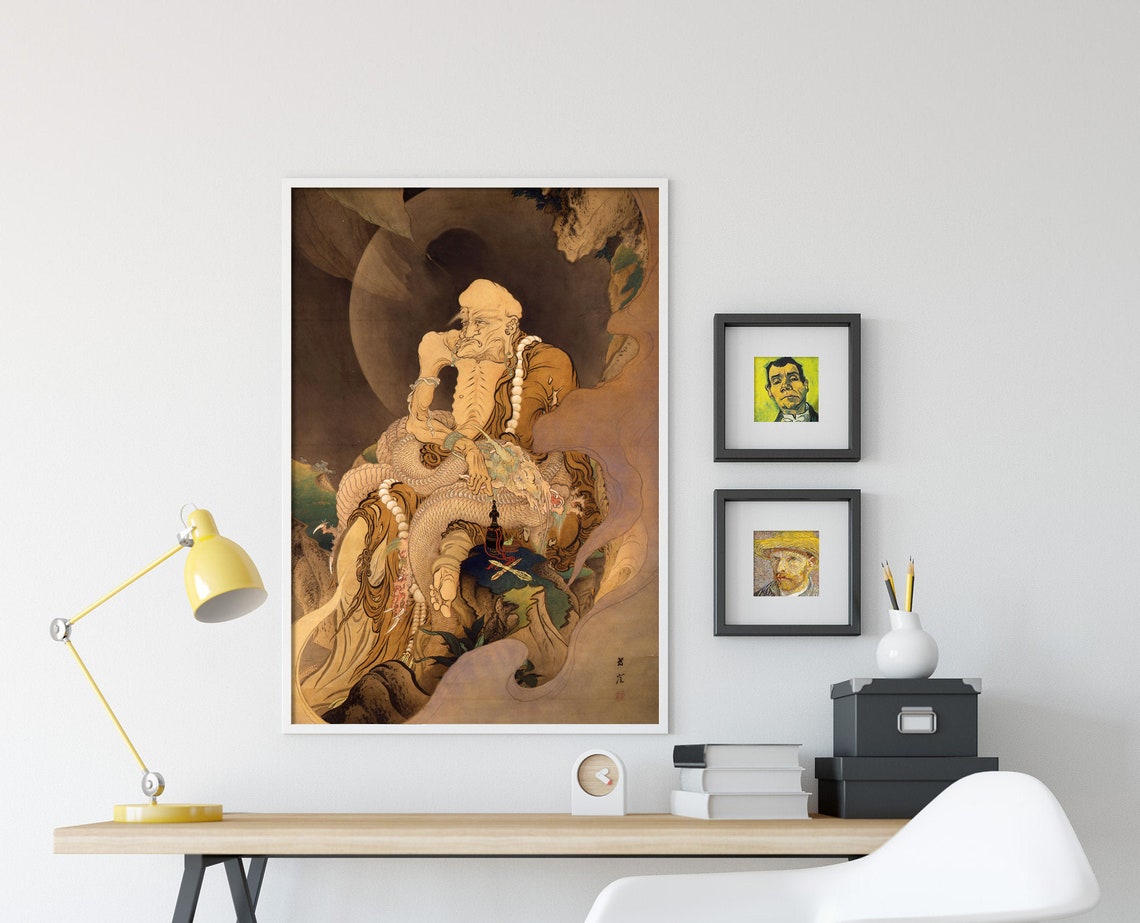 Fukuryu Rakan Elderly Arhat With Dragon Antique Japanese Ink Poster - Image 4