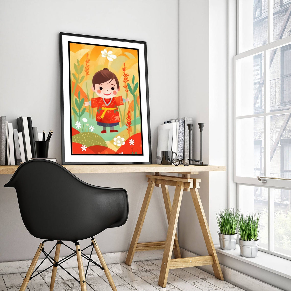 Smiling Girl in Red Kimono Among Flowers Cute Japan Art Poster - Image 3