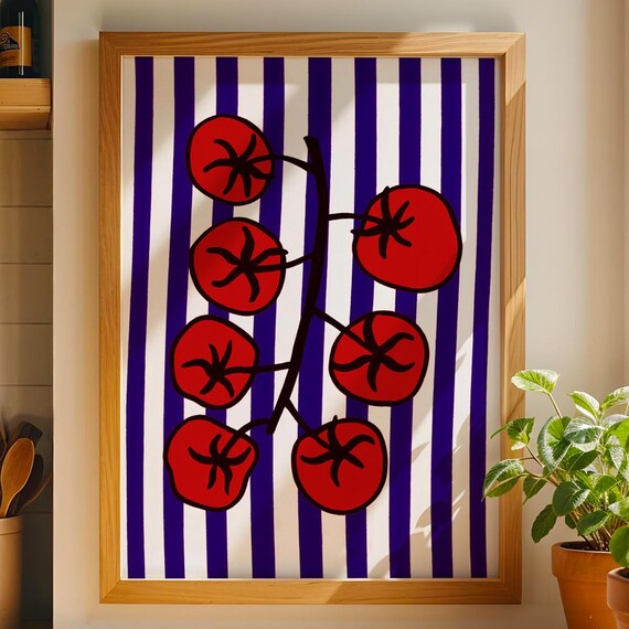 Bold Red Tomato Vine Blue Striped Modern Retro Kitchen Art Poster