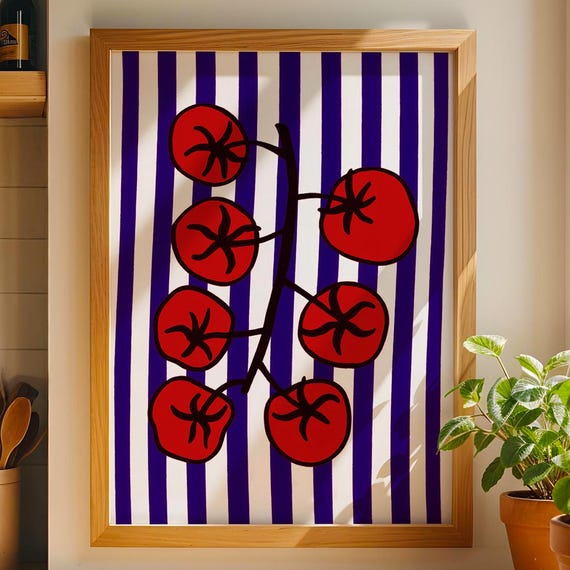Modern Tomato Wall Art Print Bold Red Blue Striped Kitchen Poster Contemporary Food Illustration Instant