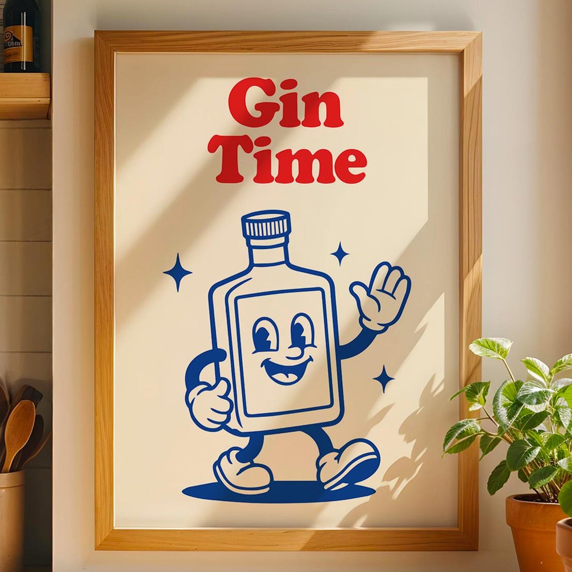 Gin Time Retro Cartoon Bottle Mascot Funny Kitchen Bar Wall Poster