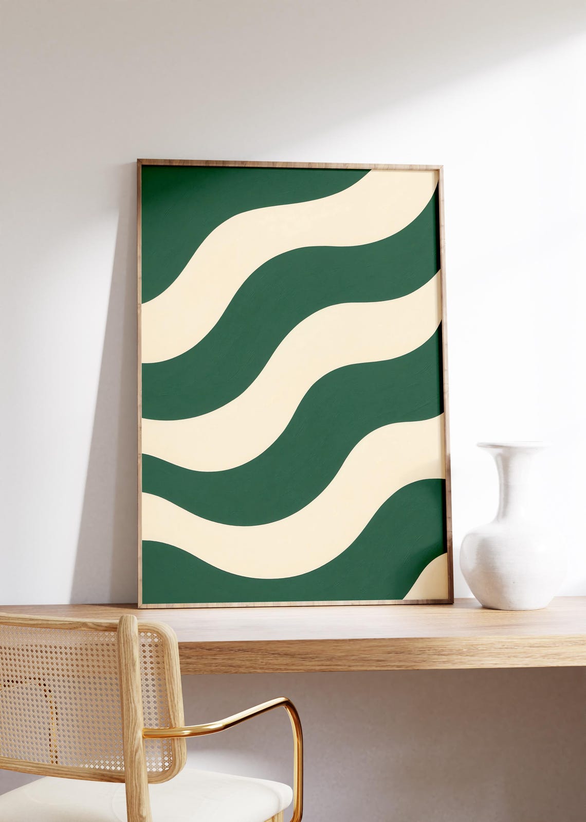 Green And Ivory Retro Wave Stripe Pattern Minimalist Abstract Wall Art
