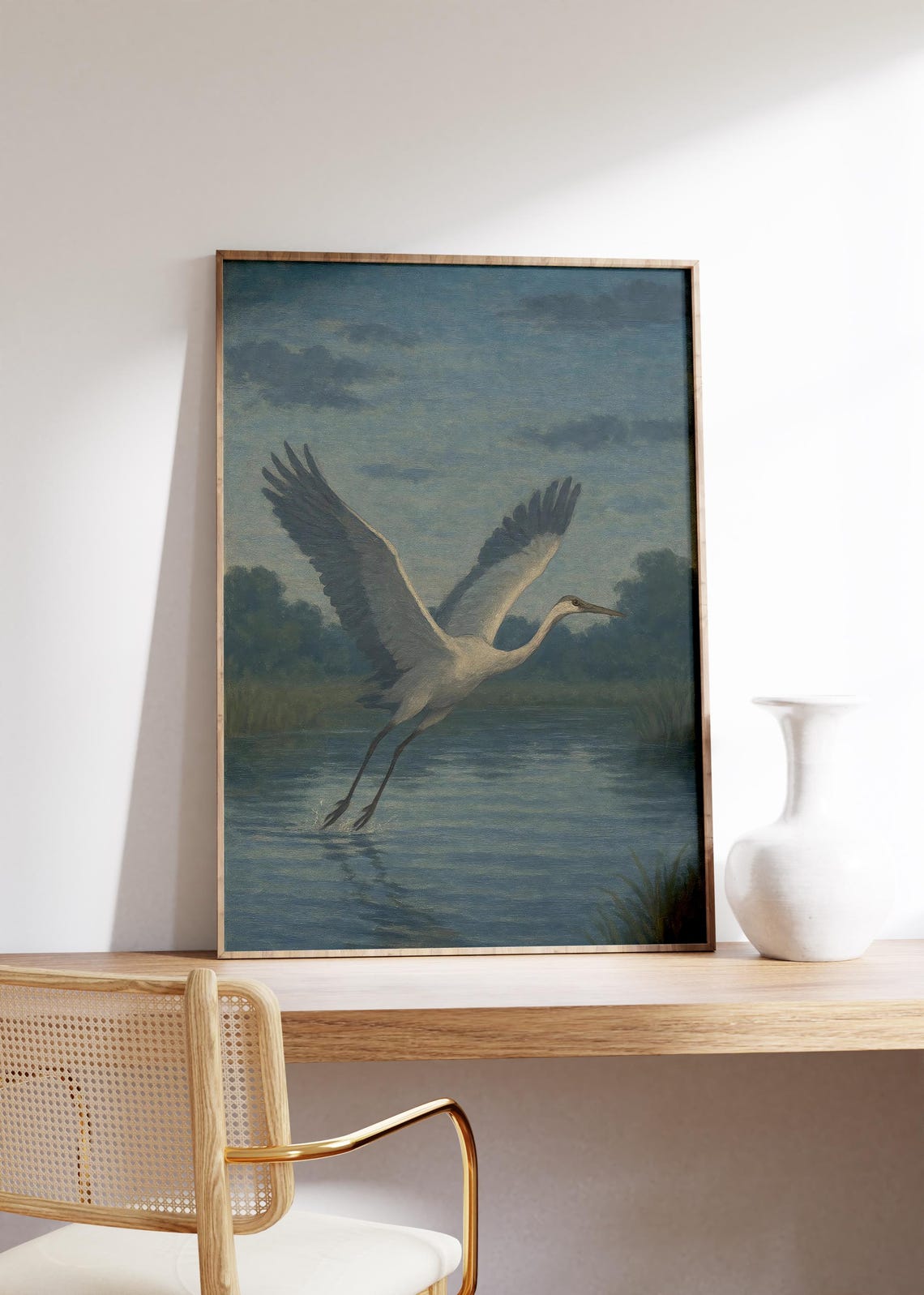 White Crane Taking Flight Over Pond at Dusky Blue Evening Poster