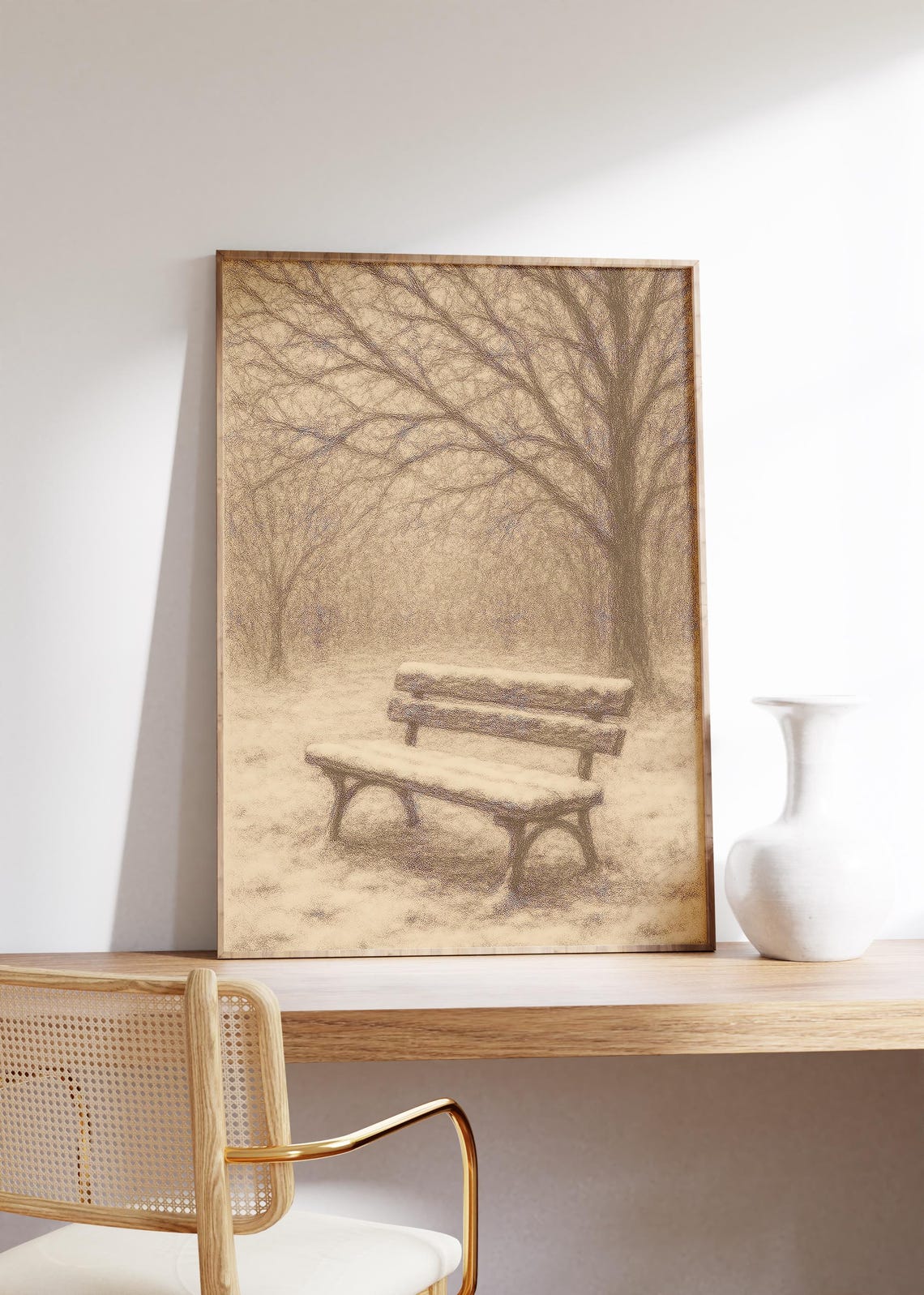 Snow Covered Park Bench under Bare Winter Trees Sepia Poster