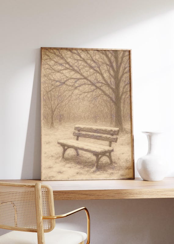 Snowy Park Bench Wall Art Print Sepia Sketch Winter Trees Soft Snow Quiet Scene Peaceful Mood Pencil Drawing Calm Nature Decor