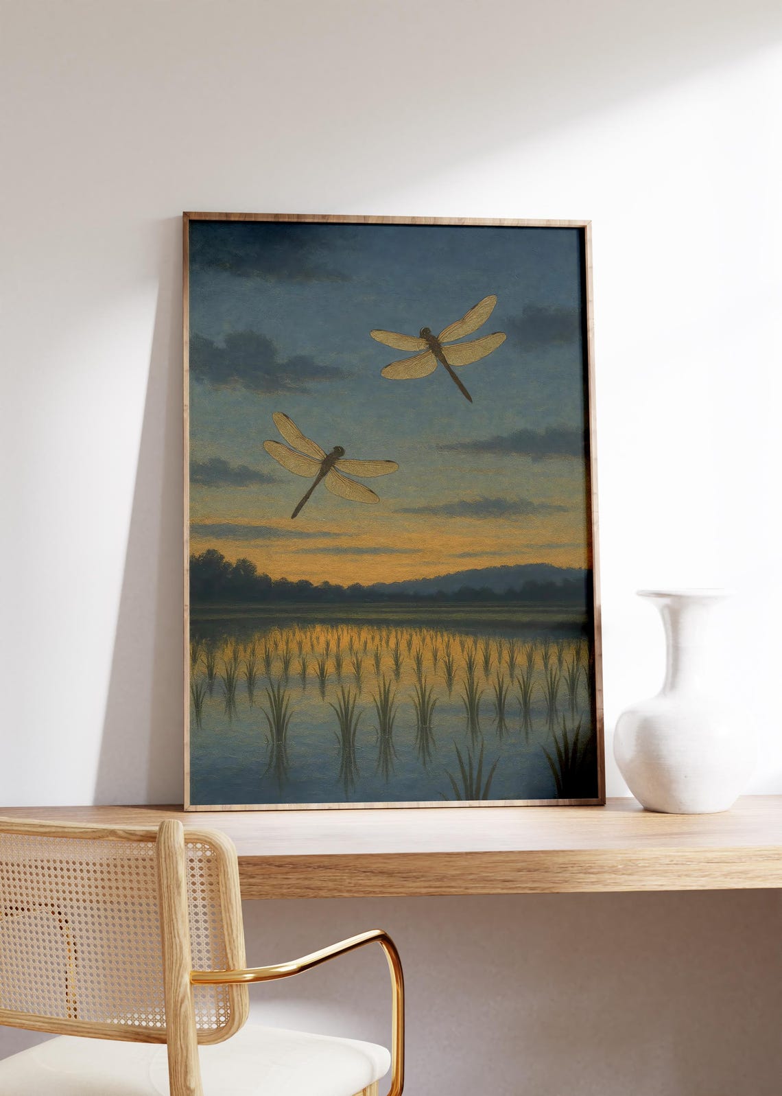 Two Dragonflies Over Rice Paddy at Golden Sunset Wetland Poster