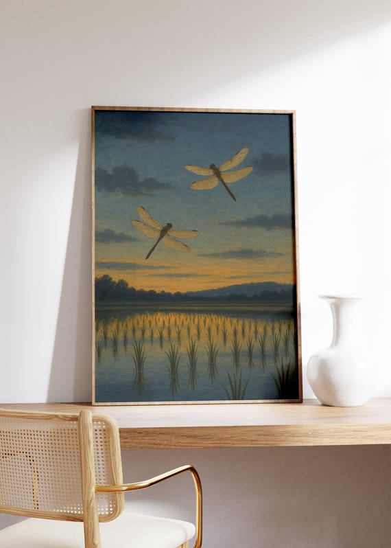 Dragonfly Wall Art Print Sunset Over Rice Field With Flying Insects Tranquil Evening Scene Reflective Water Poster Calm Nature Decor