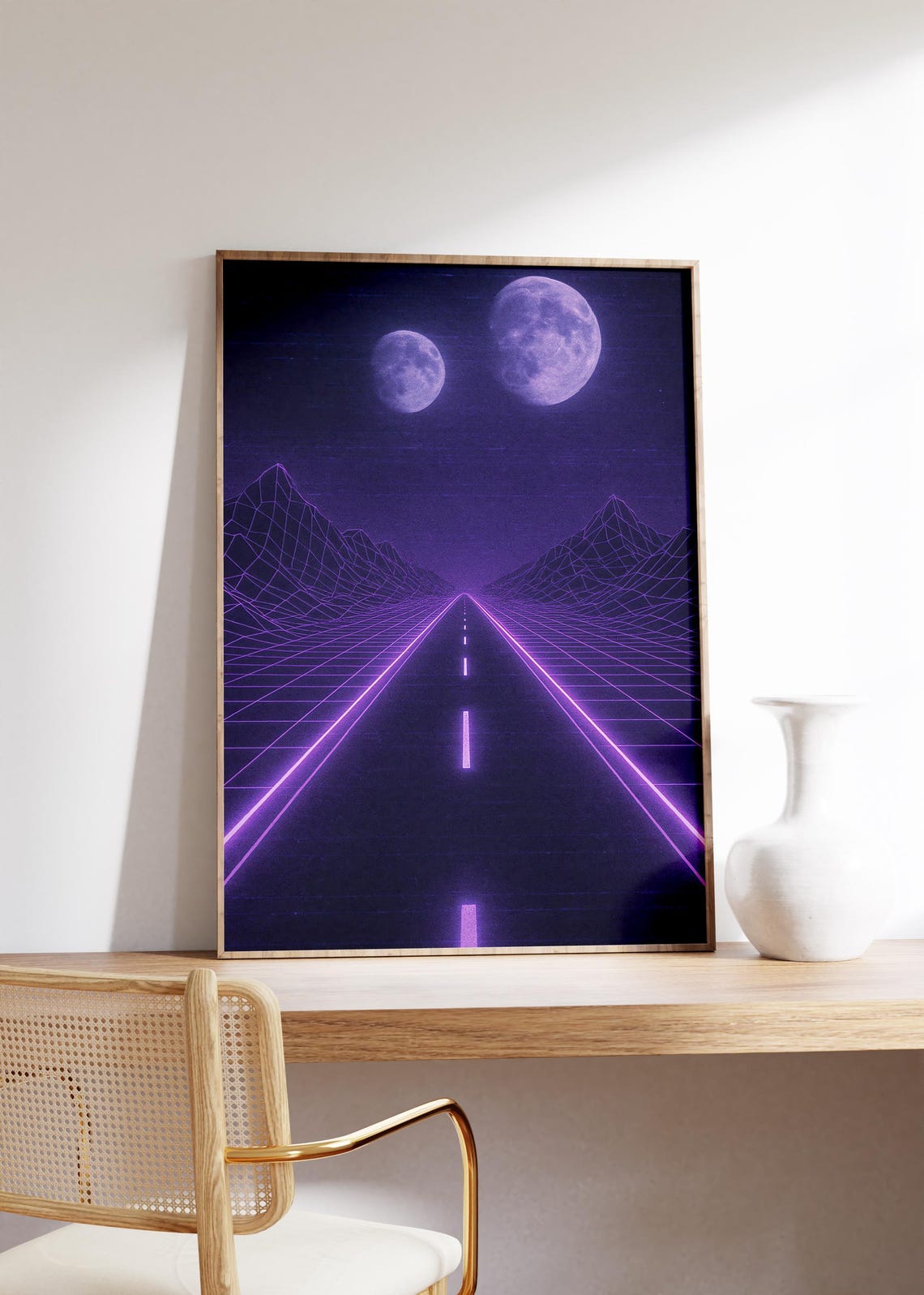 Retro Synthwave Highway Wall Art Print Neon Purple Grid Twin Moons Vaporwave Night Wireframe Desert Vhs Static Nostalgic Future