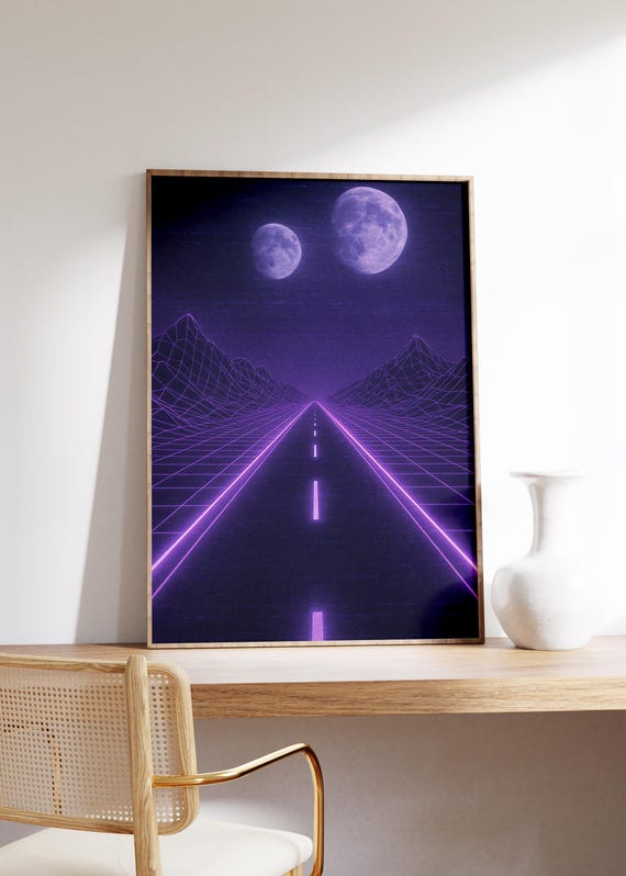 Retro Synthwave Highway Wall Art Print Neon Purple Grid Twin Moons Vaporwave Night Wireframe Desert Vhs Static Nostalgic Future