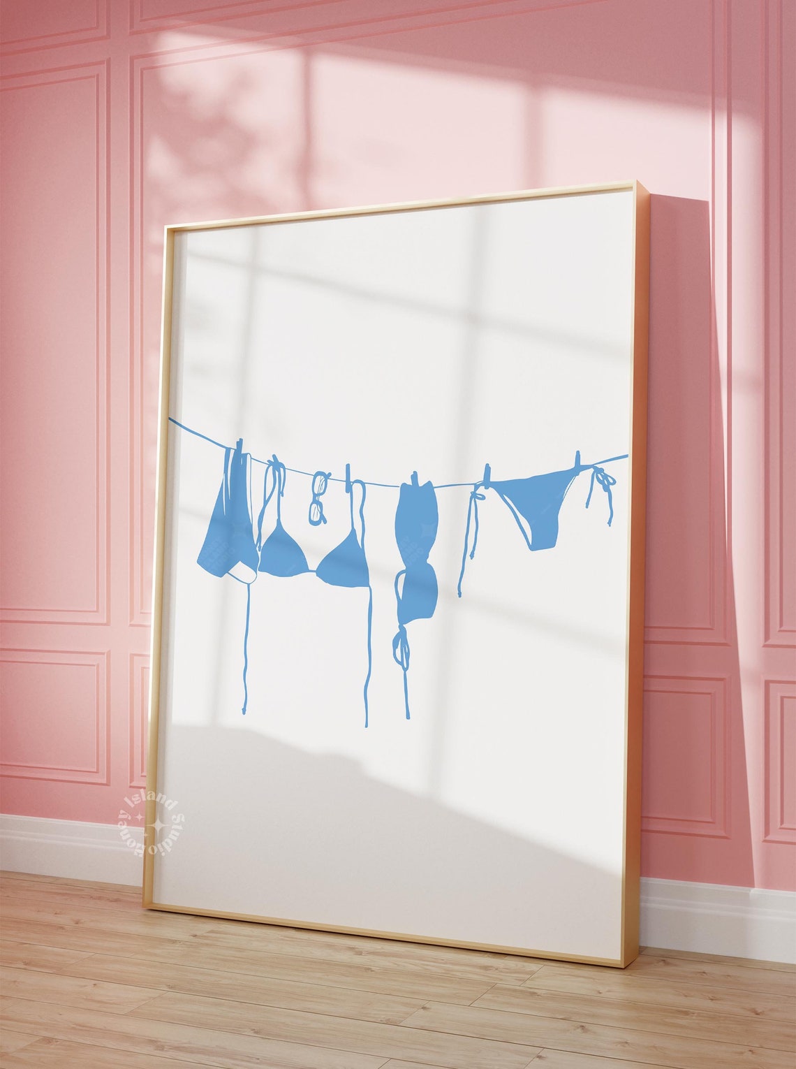Blue Bikini Swimwear On Clothesline Minimal Coastal Decor Poster